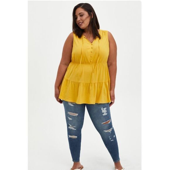 Torrid Women's Rayon Slub Button-Front Yellow Tiered Tank Sz 1 - Picture 2 of 11